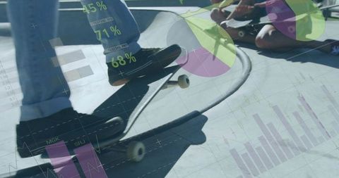 Skateboarders balancing on concrete ramp wearing denim and neon shorts with digital data overlay