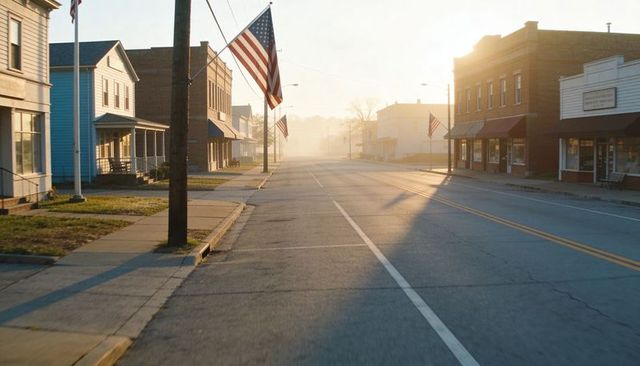 Small town main street welcoming sunrise with american flags in morning mist