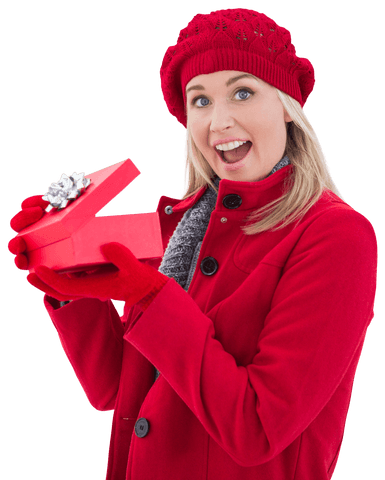 Joyful Woman Holding Transparent Red Gift Box Outdoor Winter Fashion