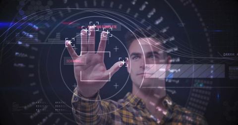 Male operator reaching holographic hud, scanning fingertip biometrics and controlling interface