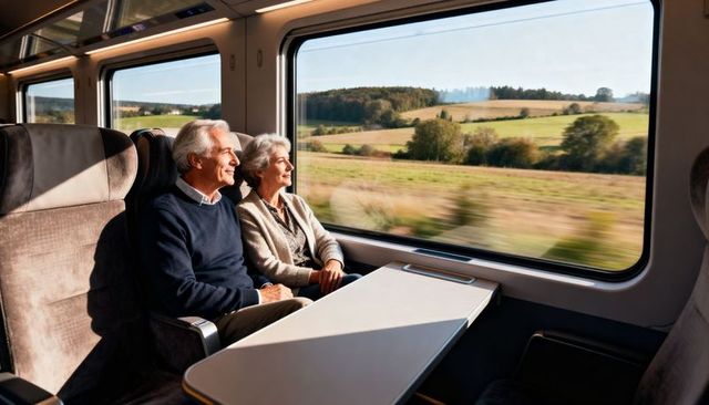 Senior couple enjoying scenic train journey through sunlit countryside, relaxed travel