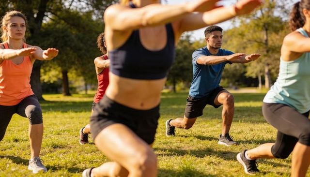 Outdoor bootcamp group performing lunges in park morning fitness training session