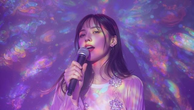 Female vocalist performing on illuminated stage with microphone