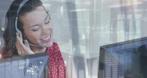 Smiling Businesswoman Working with Financial Data Overlay