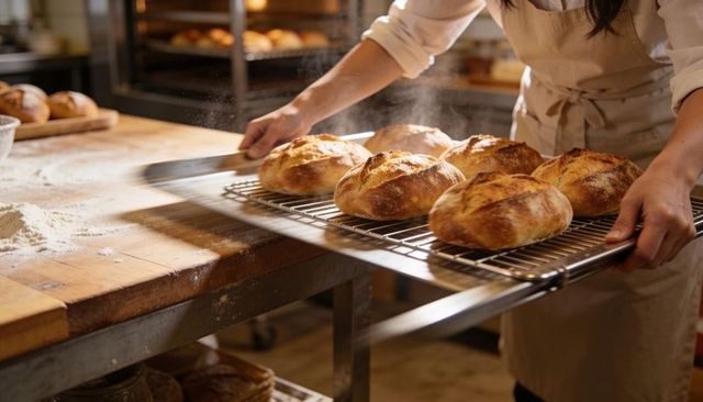 Artisanal boules cooling on rack while baker moving them across wooden workbench