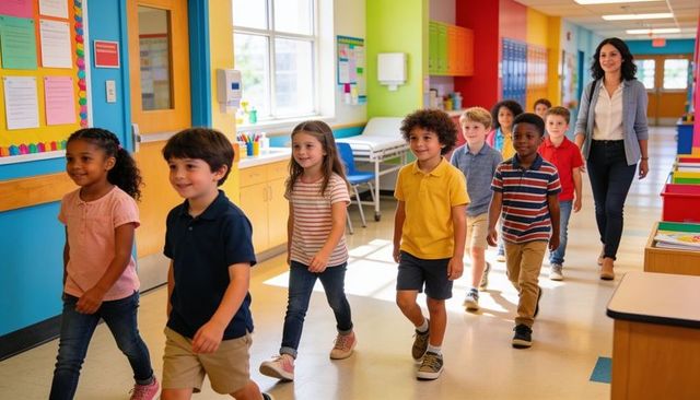 Elementary students walking colorful school hallway wearing sneakers with teacher supervision