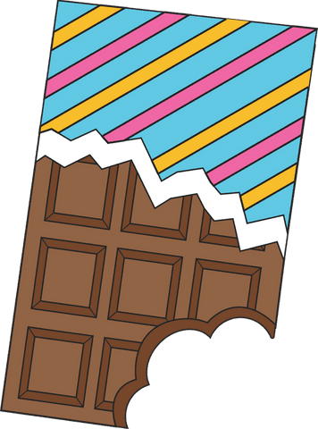Bitten chocolate bar with striped wrapper on transparent background