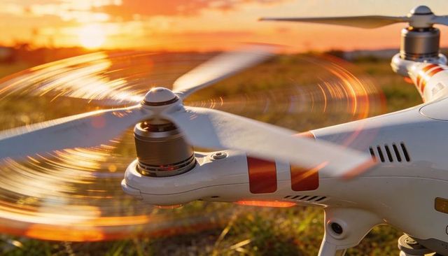 Sunset drone propeller spinning over grassy field with motion blur and warm backlight