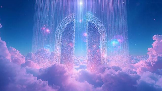 Ethereal fantasy portal with radiant light in magical cloudscape