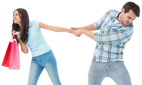 Caucasian Couple Arguing About Shopping on Transparent Background