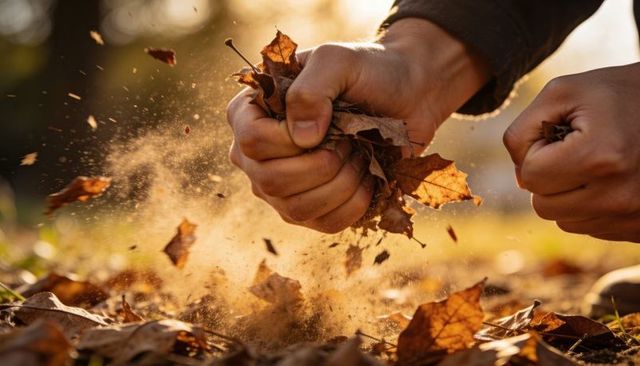 Hands crushing autumn leaves and dust exploding in golden backlight