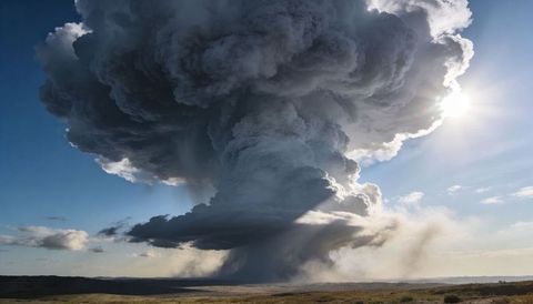 Towering convective eruption plume dominating sunlit grassland with backlit crepuscular rays