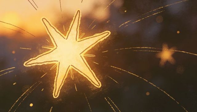 Golden star spark radiating at sunset with bokeh halo, motion streaks and warm glow