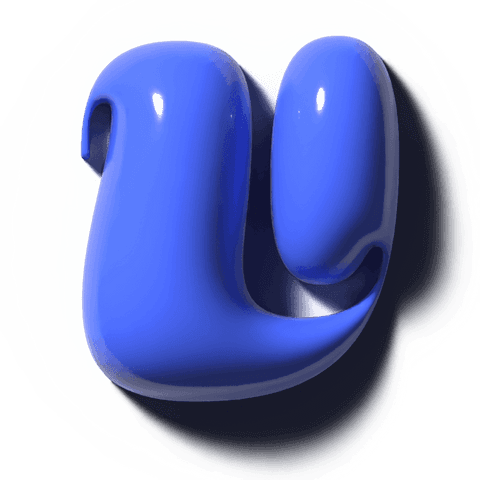 Transparent background glossy blue 3d glyph resembling lowercase u, polished ceramic render