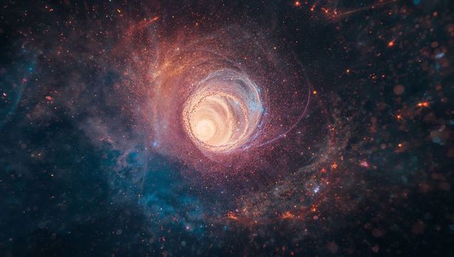 Vibrant cosmic vortex illuminating multicolored spiral in space