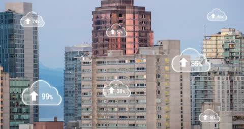 Cloud Data Storage Icon Animation on Urban High-Rise Background