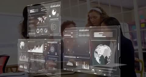 Business team collaborating with augmented reality dashboards and global data visualization