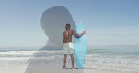 Surfer with Light Blue Surfboard Against Symbolic Silhouette in Suit