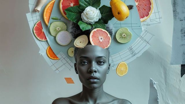 Conceptual portrait with fruit and flower halo in art collage