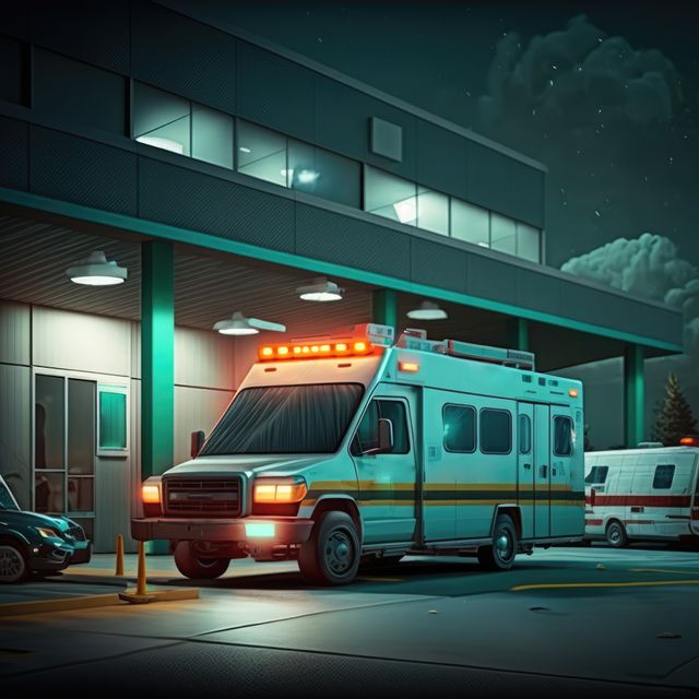 Ambulance parked outside of hospital with clouded sky, created using generative ai technology. Ambulance and emergency medical services concept digitally generated image.