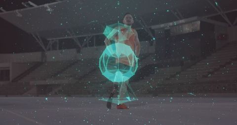 Athlete with Holographic Ball on Floodlit Field Embracing Technology