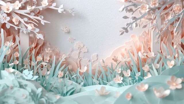 Pastel paper meadow featuring layered origami flowers, curved hills and handcrafted depth