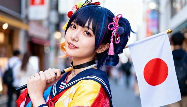 Cosplayer wearing colorful kimono-sailor outfit holding japanese flag on urban street