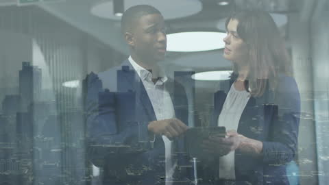 Corporate Meeting with Cityscape Overlay Representing Global Connectivity