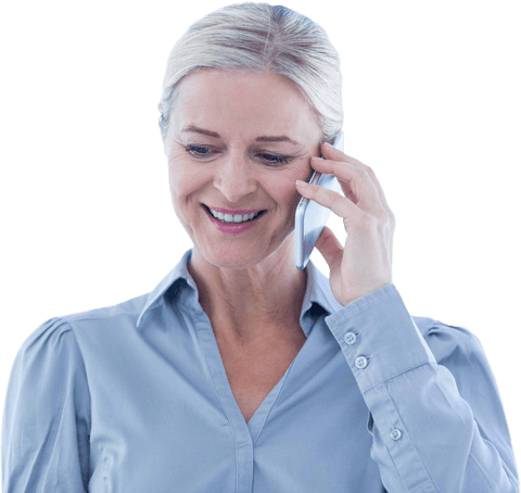 Transparent Smiling Woman on Phone in Business Setting