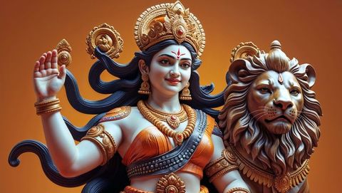 Hindu Goddess Sculpture with Lion Displayed at Art Gallery