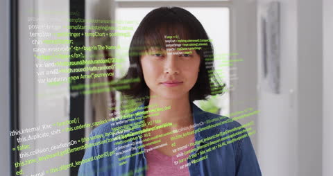 Asian Woman Coding with Futuristic Digital Interface