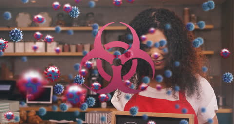 Smiling Waitress with Biohazard and Virus Overlay