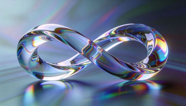 Iridescent glass mobius loop reflecting prismatic light on minimal reflective surface