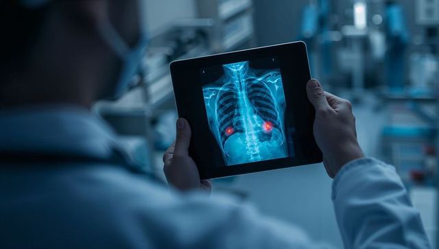 Doctor examining digital x-ray image with kidney highlights in medical facility