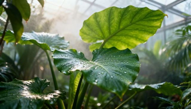 Glistening tropical elephant ear leaves bathing in misty greenhouse light