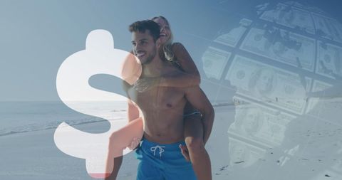 Romantic couple at beach with financial concept overlay