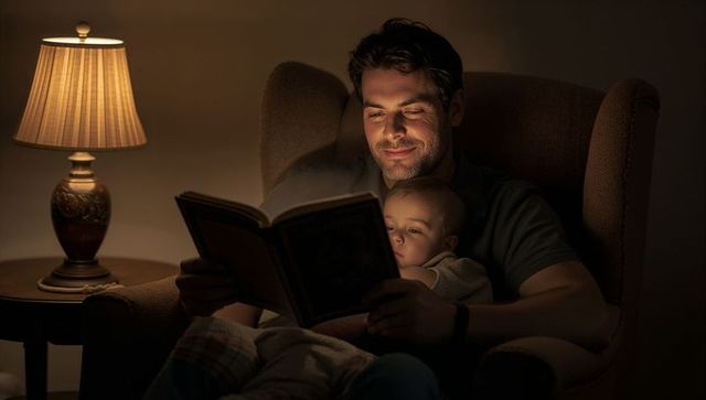 Father reading bedtime story with toddler in armchair under warm lamp light cozy night