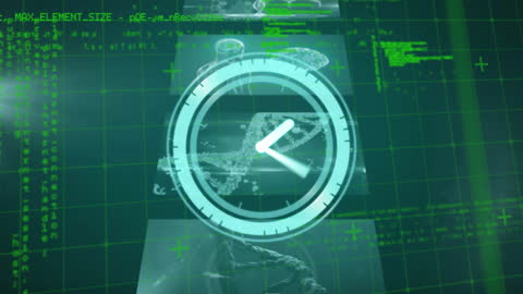 Neon Ticking Clock Over Digital Data Screens and DNA Sequence