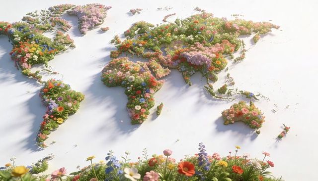 Floral world map blooming with colorful flowers and lush greenery