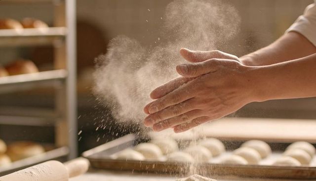 Baker dusting hands with flour over tray of dough in artisan bakery kitchen