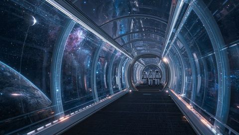Astronauts viewing space through futuristic passageway