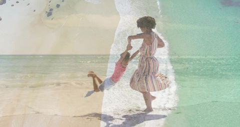 Mother swinging daughter on sunlit beach double exposure with turquoise sea sandy horizon