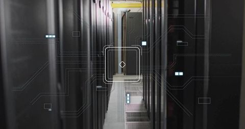 Leading Data Center Corridor with Server Racks, Cable Tray and Network Visualization