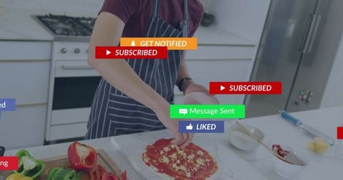 Teen spreading pizza sauce in bright kitchen with floating social media subscribe like badges