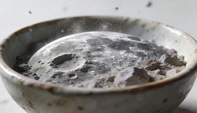 Miniature lunar landscape in ceramic bowl with cratered surface and floating dust