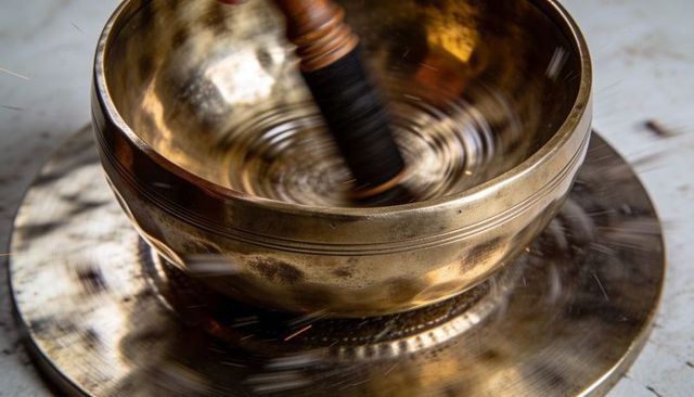 Singing bowl resonating with spinning mallet creating golden sound rings