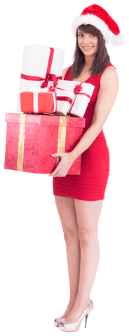 Brunette woman in santa hat holding christmas gifts on transparent background