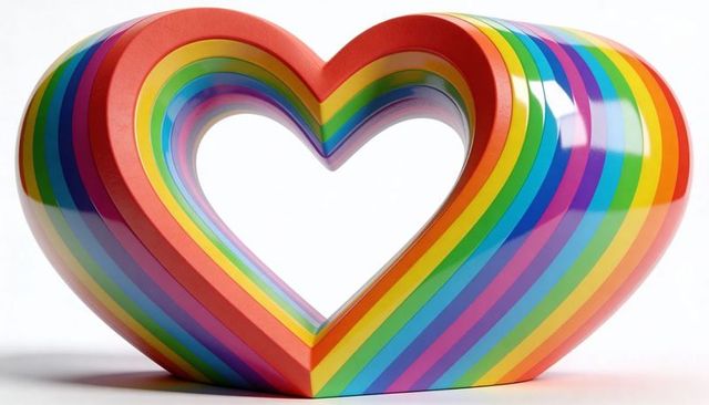 Glossy rainbow heart sculpture with concentric hollow center and reflective sheen
