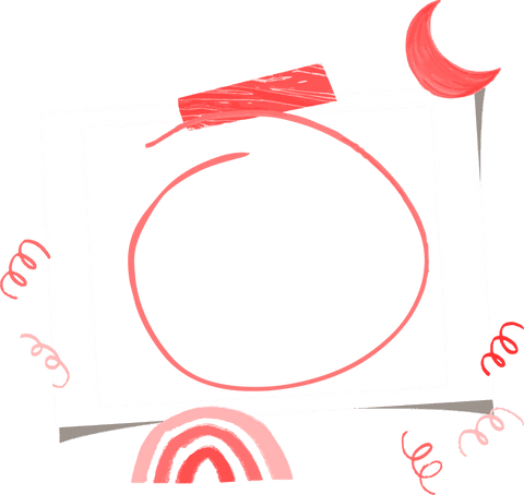 Whimsical transparent frame with red-pink doodles