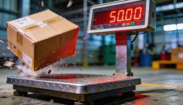 Cardboard box dropping onto industrial scale with sparks flying and digital display reading 50.00